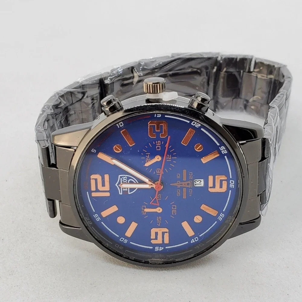 Men's Watch 42MM Blue‎ Dial Gold Numerals Date Indicator Black Bracelet 7